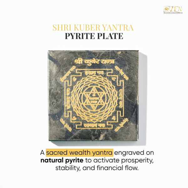 Shri Kuber Yantra Pyrite Plate with gold engraving on a white background