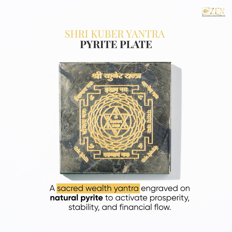 Shri Kuber Yantra Pyrite Plate with gold engraving on a white background