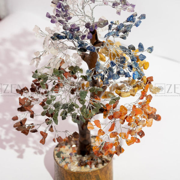 7 Chakra Good Luck Crystal Tree - 500 Chips | Wood Base | For Overall Well Being | The Zen Crystals