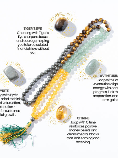 Pyrite Aventurine Tiger eye and citrine jaap mala | the zen crystals