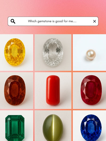 Grid of various gemstones with a search bar asking 'Which gemstone is good for me....'.