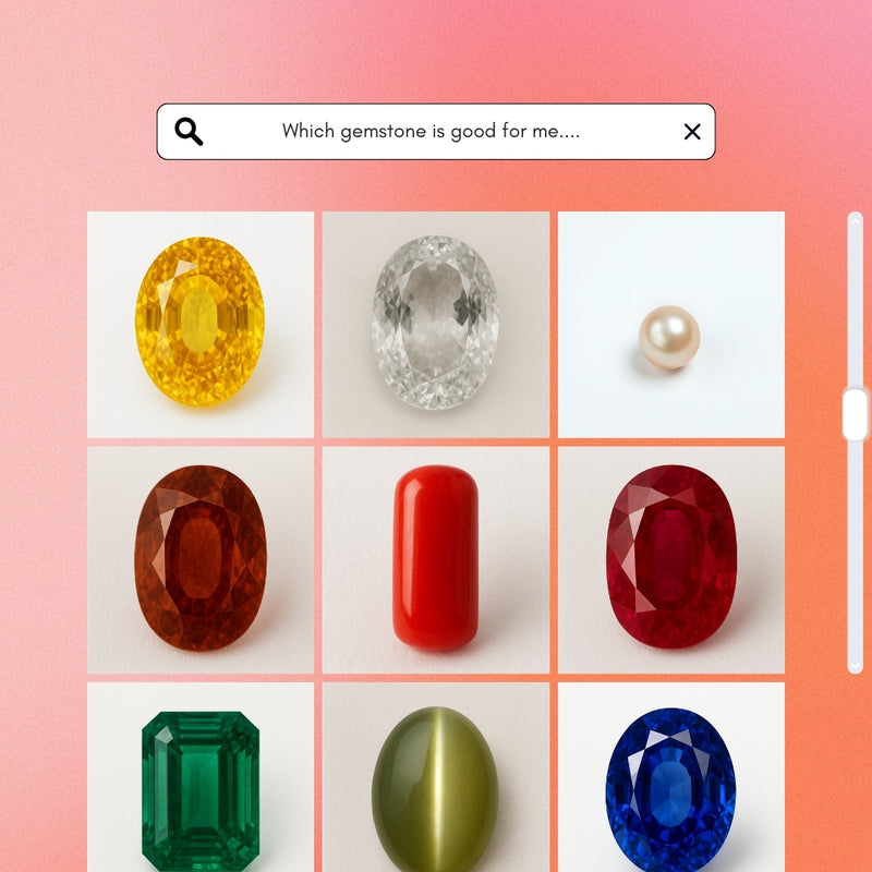 Grid of various gemstones with a search bar asking 'Which gemstone is good for me....'.