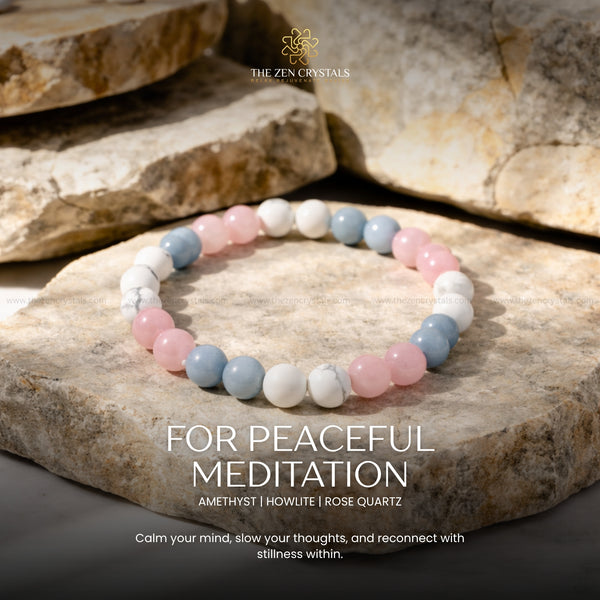 peaceful meditation bracelet on stones with 'The Zen Crystals' branding and text about peaceful meditation.