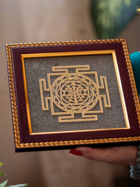 Golden Shree Yantra Symbol on Pyrite Background – Vastu and Meditation Home Decor