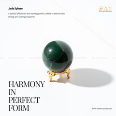 Green jade sphere on a gold stand with text about balance, growth, and calm energy.