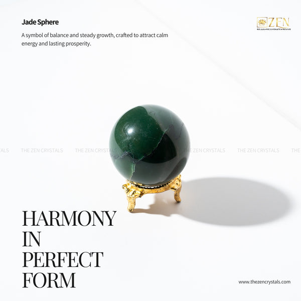 Green jade sphere on a gold stand with text about balance, growth, and calm energy.