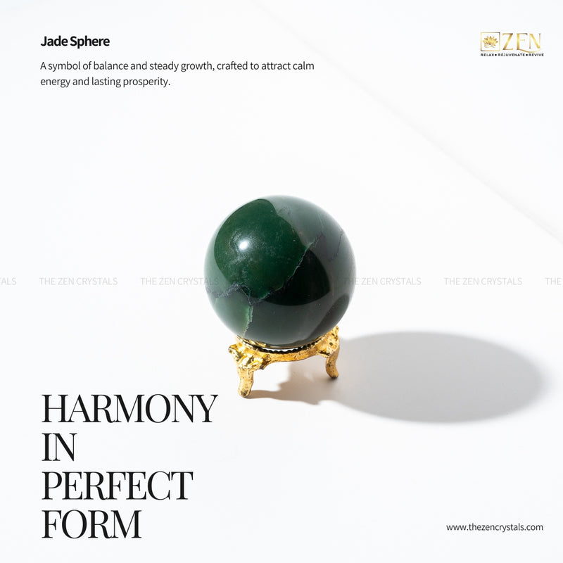 Green jade sphere on a gold stand with text about balance, growth, and calm energy.