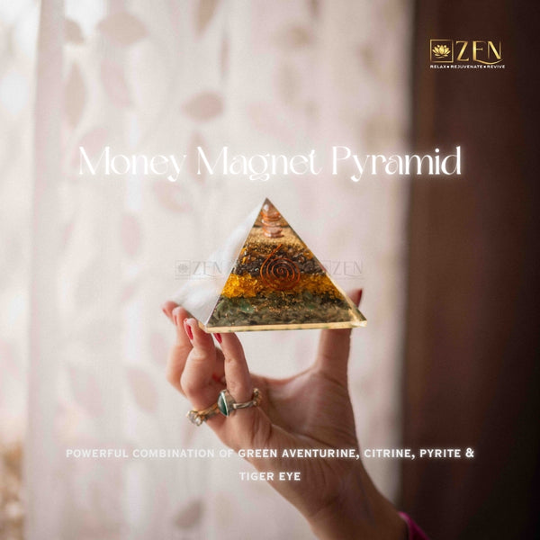 hand holding money magnet pyramid from the zen crystals