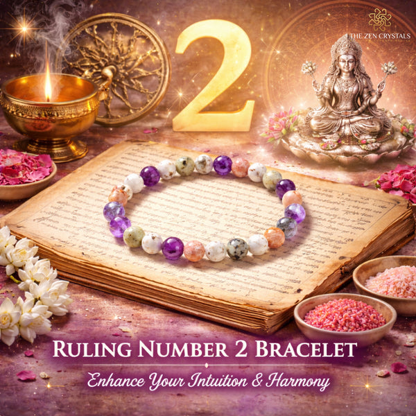 Ruling Number 2 bracelet on an open book with a statue and candles, featuring text about enhancing intuition and harmony.