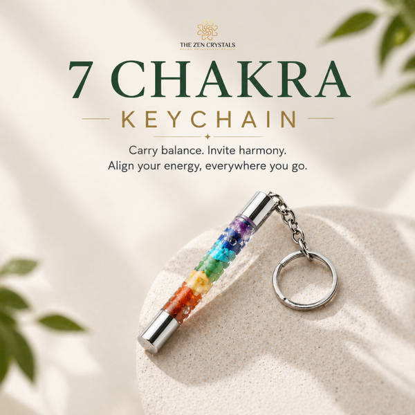 7 Chakra keychain with colorful stones on a light background