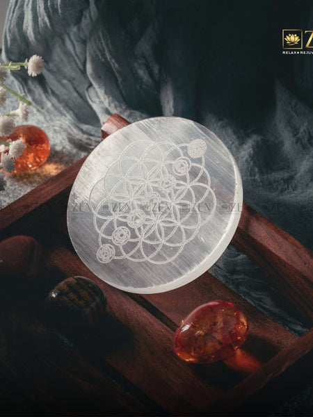 Selenite Plate with 7 Chakras on Flower Of Life Symbol | The Zen Crystals