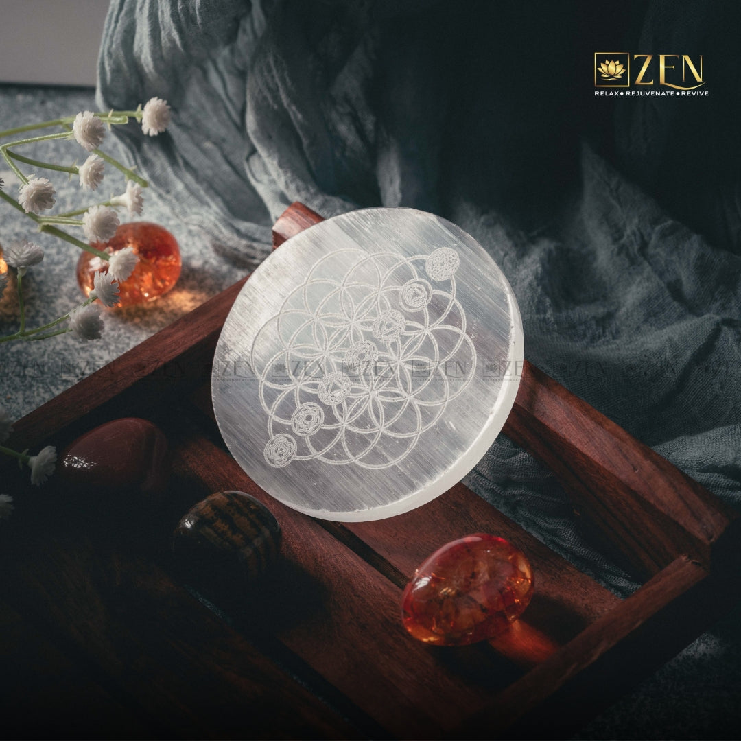 Selenite Plate with 7 Chakras on Flower Of Life Symbol | The Zen Crystals