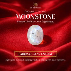 Moonstone on red fabric with 'The Zen Crystals' branding