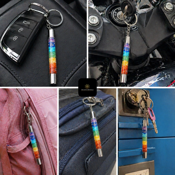 Collage of a 7 CHAKRA keychain attached to various items including a car, motorcycle, bag, and locker.