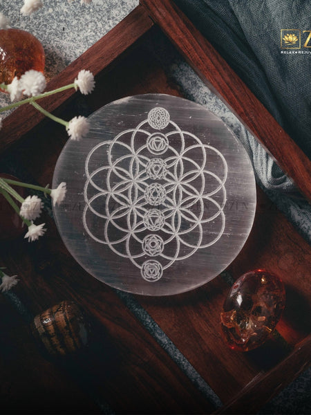Selenite Plate with 7 Chakras on Flower Of Life Symbol | The Zen Crystals