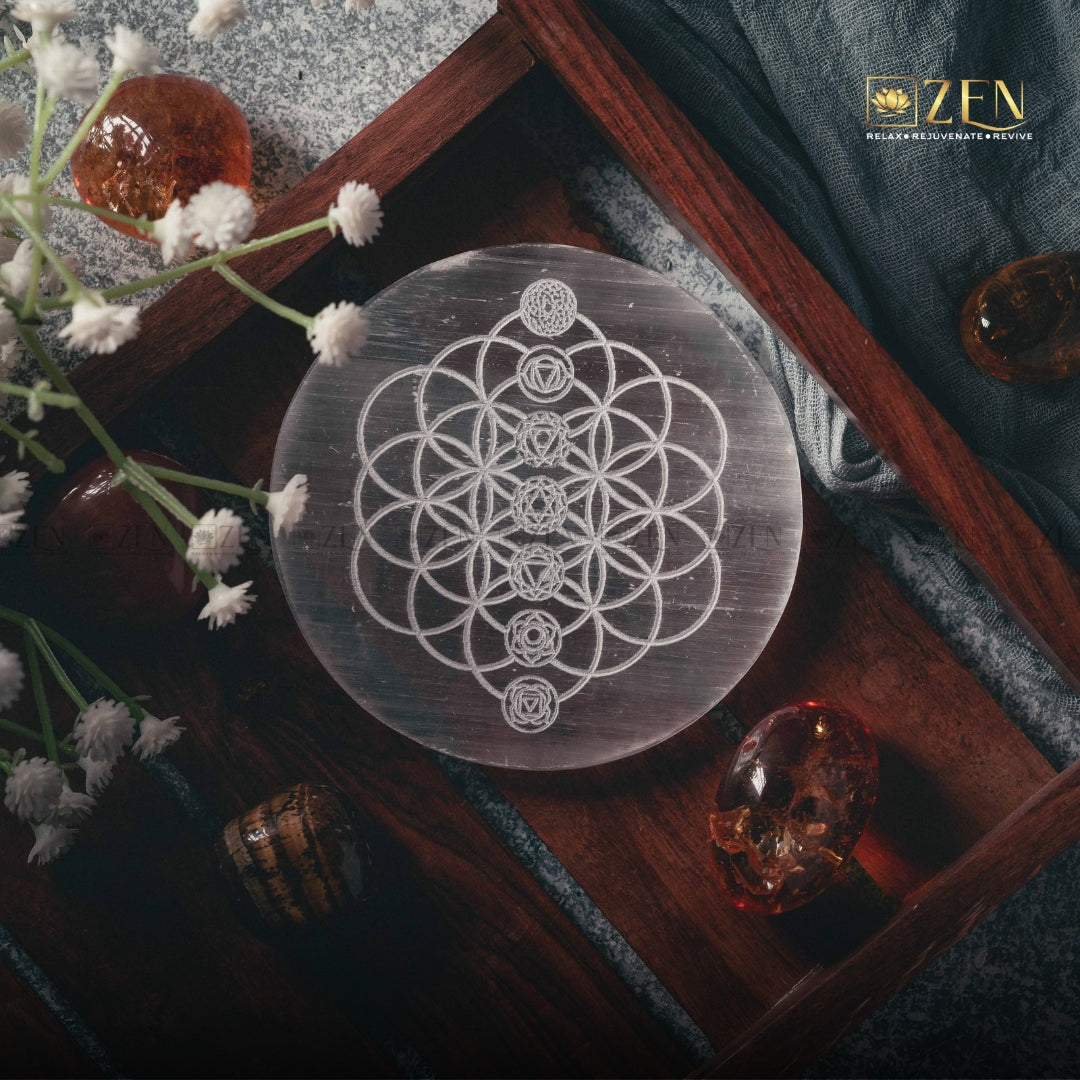 Selenite Plate with 7 Chakras on Flower Of Life Symbol | The Zen Crystals