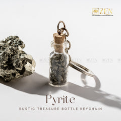 Vintage-style Pyrite Treasure Bottle - Keychain with rustic cork lid and natural pyrite chunks for abundance and protection