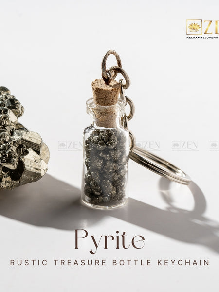 Vintage-style Pyrite Treasure Bottle - Keychain with rustic cork lid and natural pyrite chunks for abundance and protection