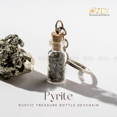 Vintage-style Pyrite Treasure Bottle - Keychain with rustic cork lid and natural pyrite chunks for abundance and protection