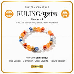 Ruling Number (मूलांक) 9 Bracelet with colored stones on a white background, featuring text about its properties and ingredients.