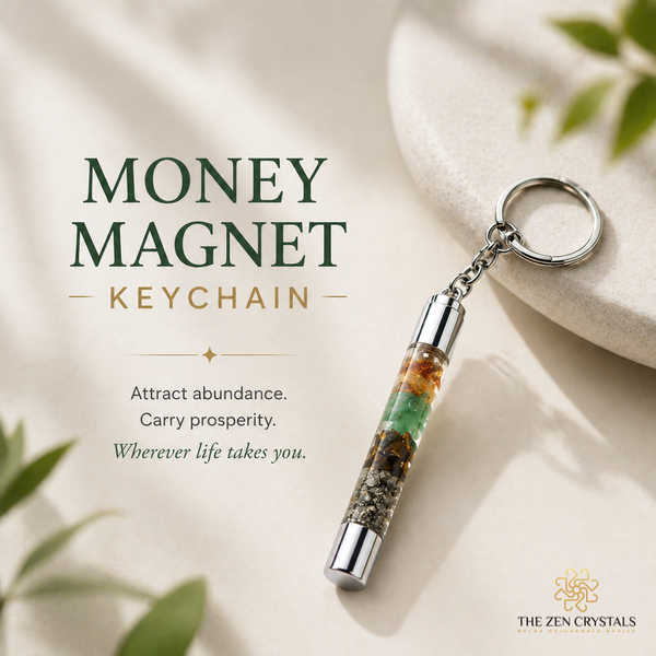 Money magnet keychain with gemstones on a light background, featuring The Zen Crystals brand.