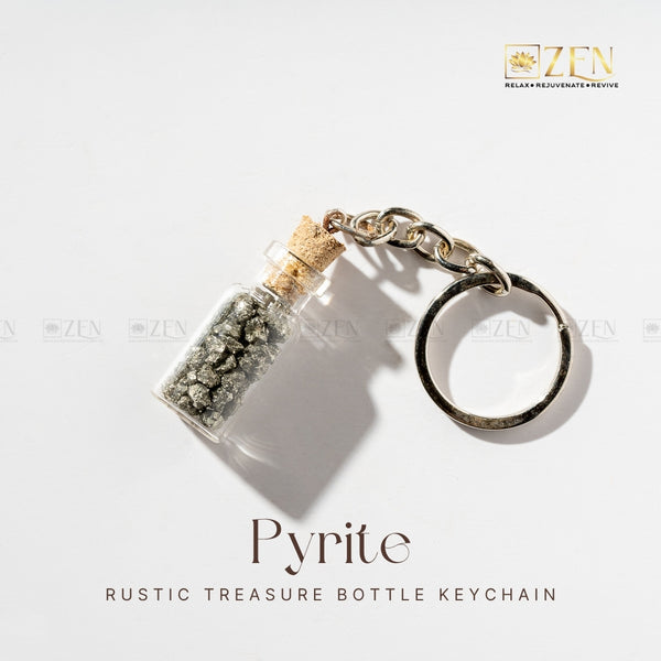 Pyrite Treasure Bottle - Keychain hanging on bag, symbolizing prosperity and positive energy.