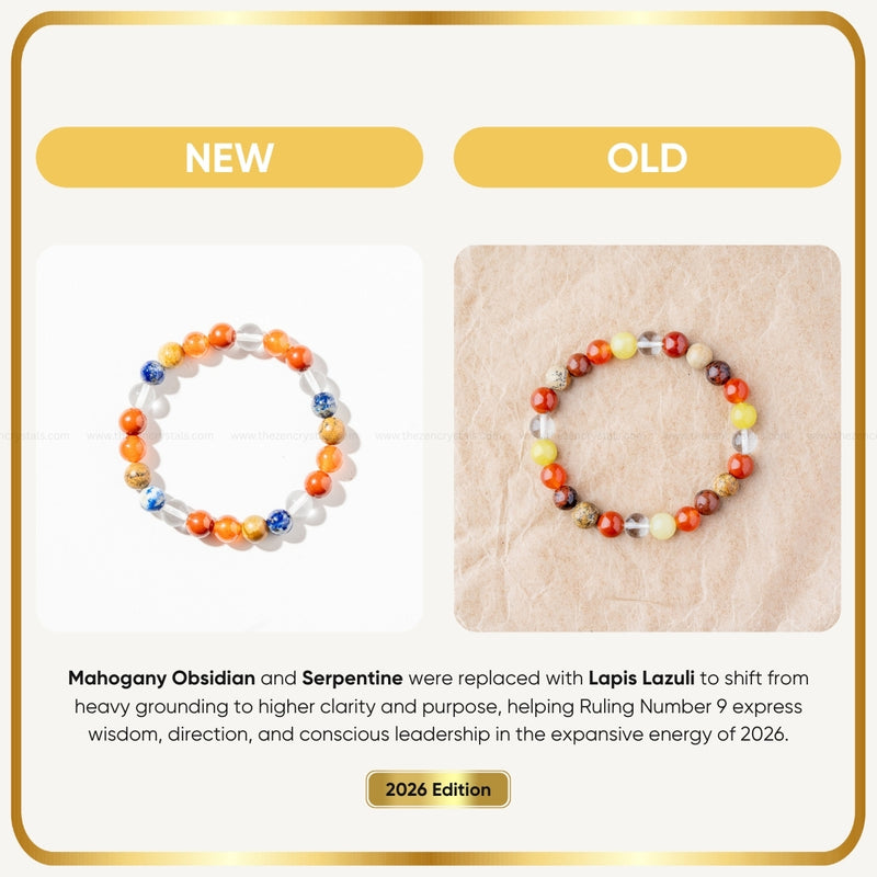 Two Ruling Number (मूलांक) 9 Bracelet labeled 'New' and 'Old' with text about material changes.