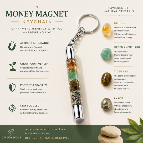 Money Magnet keychain with natural crystals and its benefits on a light background