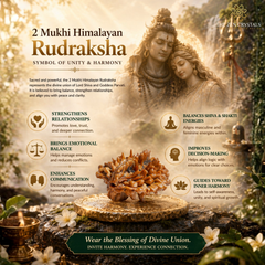 2 Mukhi Himalayan Rudraksha with spiritual imagery and text about its benefits.