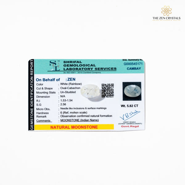 certified moonstone crystal on a white background