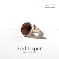 Red Jasper silver ring on a white background with 'Zen' brand logo.