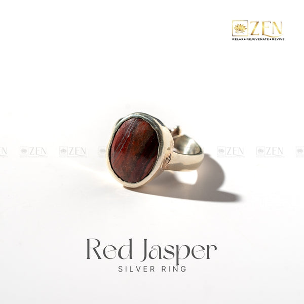 Red Jasper silver ring on a white background with 'Zen' brand logo.