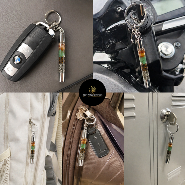 money magnet Keychain with crystals attached to a car key, car dashboard, bag, and locker.