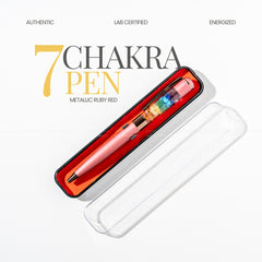 7 Chakra Pen in metallic ruby red with a white box on a light gray background