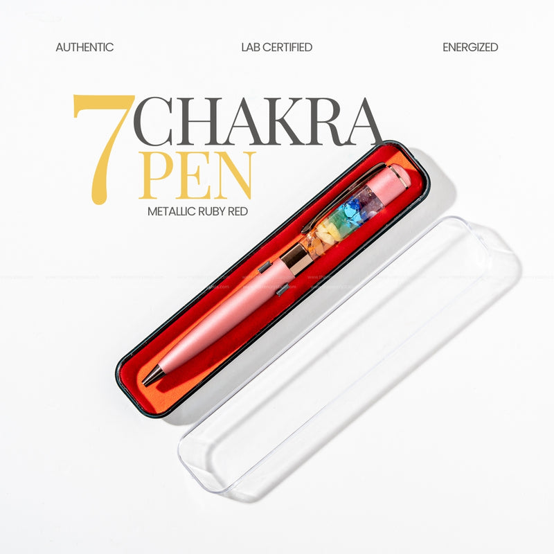 7 Chakra Pen in metallic ruby red with a white box on a light gray background