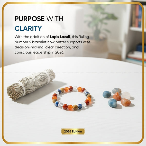 Ruling Number (मूलांक) 9 Bracelet with Lapis Lazuli stones on a white surface, with text about its purpose and features.