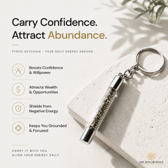 Pyrite slimtube keychain on a light surface with promotional text about its benefits.