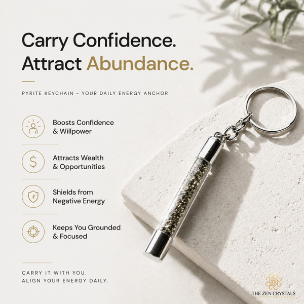 Pyrite slimtube keychain on a light surface with promotional text about its benefits.