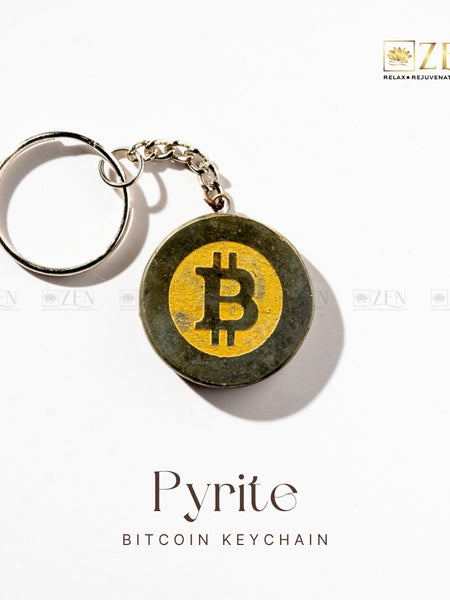 Natural Pyrite Bitcoin – Keychain with modern round design for prosperity and wealth attraction