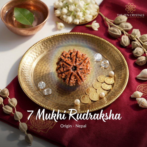 7 Mukhi Rudraksha on a gold plate with decorative elements and 'The Zen Crystals' branding.