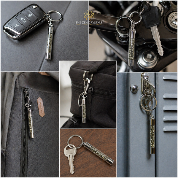 Collage of pyrite slim tube keychain with decorative tag attached to various objects.
