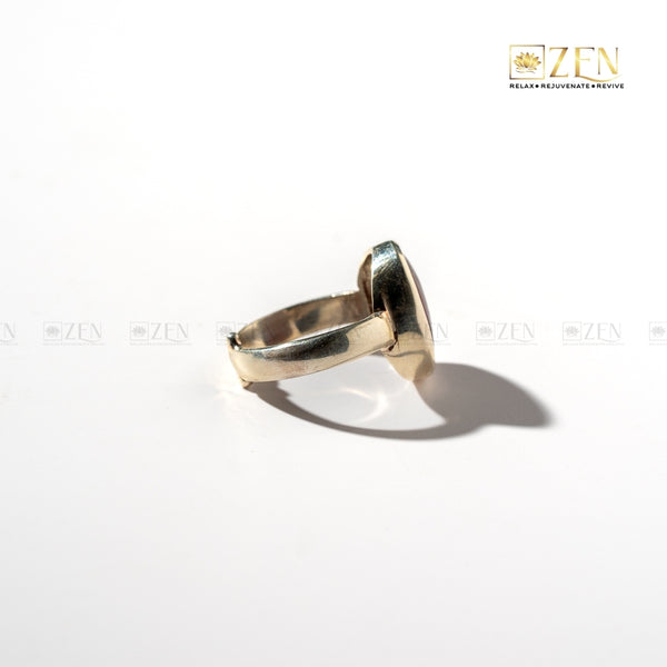 silver ring of red jasper side view on a white background with 'Zen' branding.