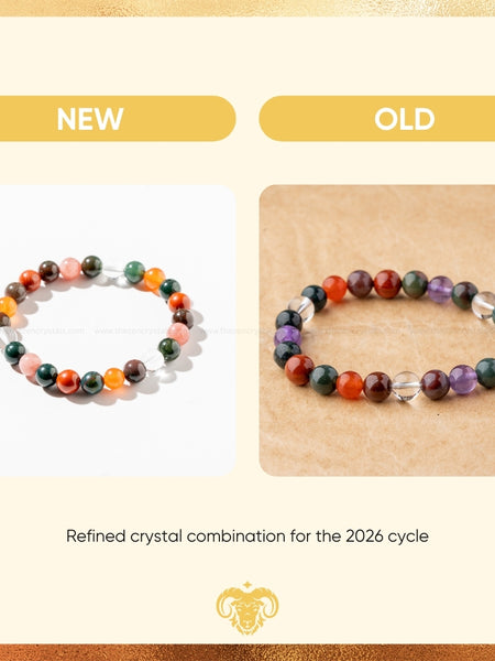 Two beaded bracelets labeled 'NEW' and 'OLD' on a beige background with text about a refined crystal combination for the 2026 cycle.