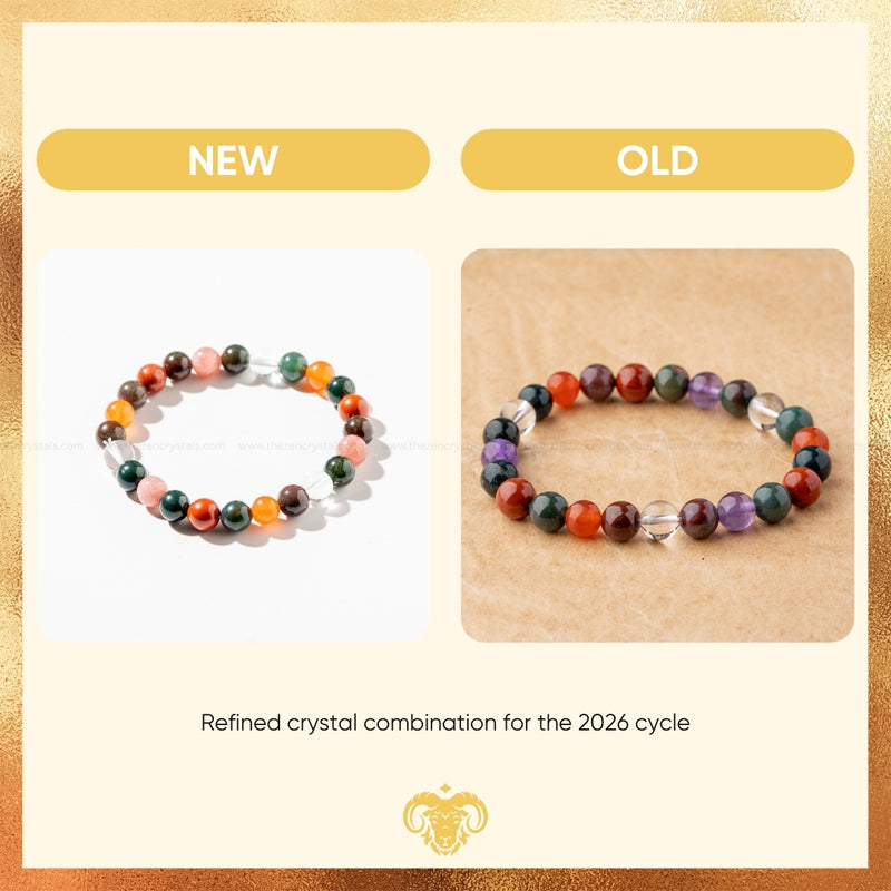 Two beaded bracelets labeled 'NEW' and 'OLD' on a beige background with text about a refined crystal combination for the 2026 cycle.