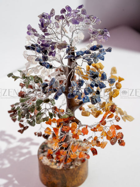 7 Chakra Good Luck Crystal Tree - 500 Chips | Wood Base | For Overall Well Being | The Zen Crystals