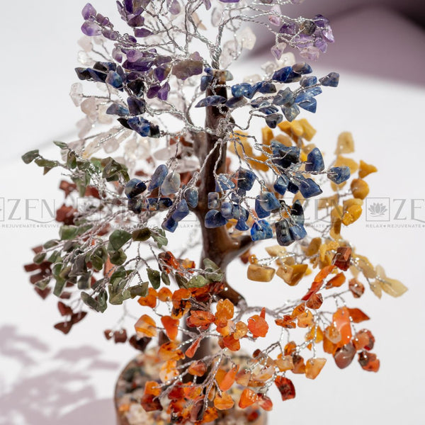 7 Chakra Good Luck Crystal Tree - 500 Chips | Wood Base | For Overall Well Being | The Zen Crystals