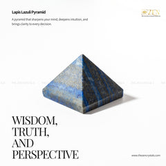 Lapis Lazuli pyramid with text about its properties on a white background