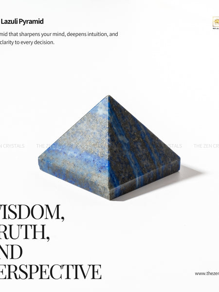 Lapis Lazuli pyramid with text about its properties on a white background