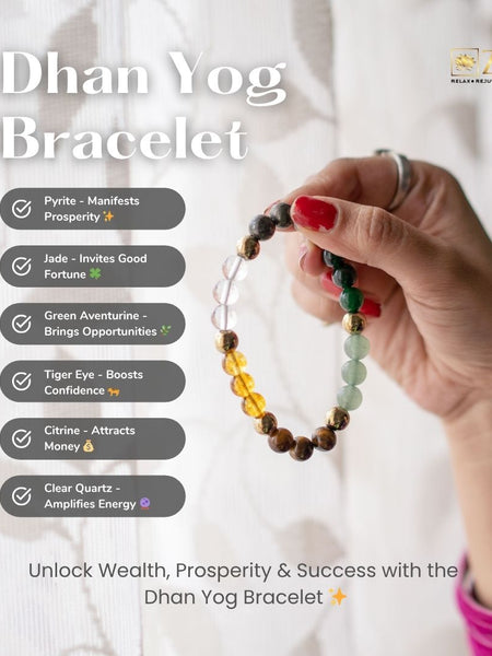 Hand holding a Dhan Yog Bracelet with color meanings displayed on a white background