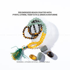 Money Magnet Jaap Mala beads with tassel and stones on a white background